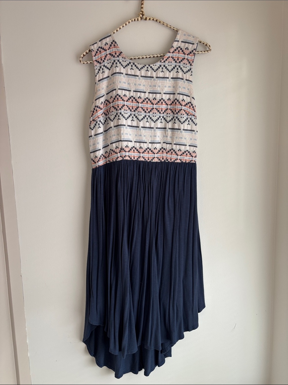 Anthropologie Navy & Cream Sleeveless High-Low Dress with Coral Accents